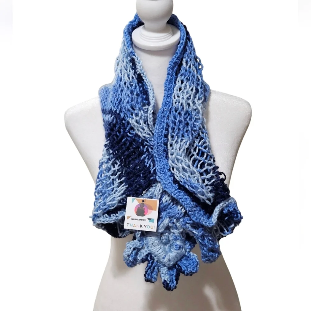 Hand Crafted 12-way scarf Crochet Blue Handmade winter accessory hand knit Ombrè